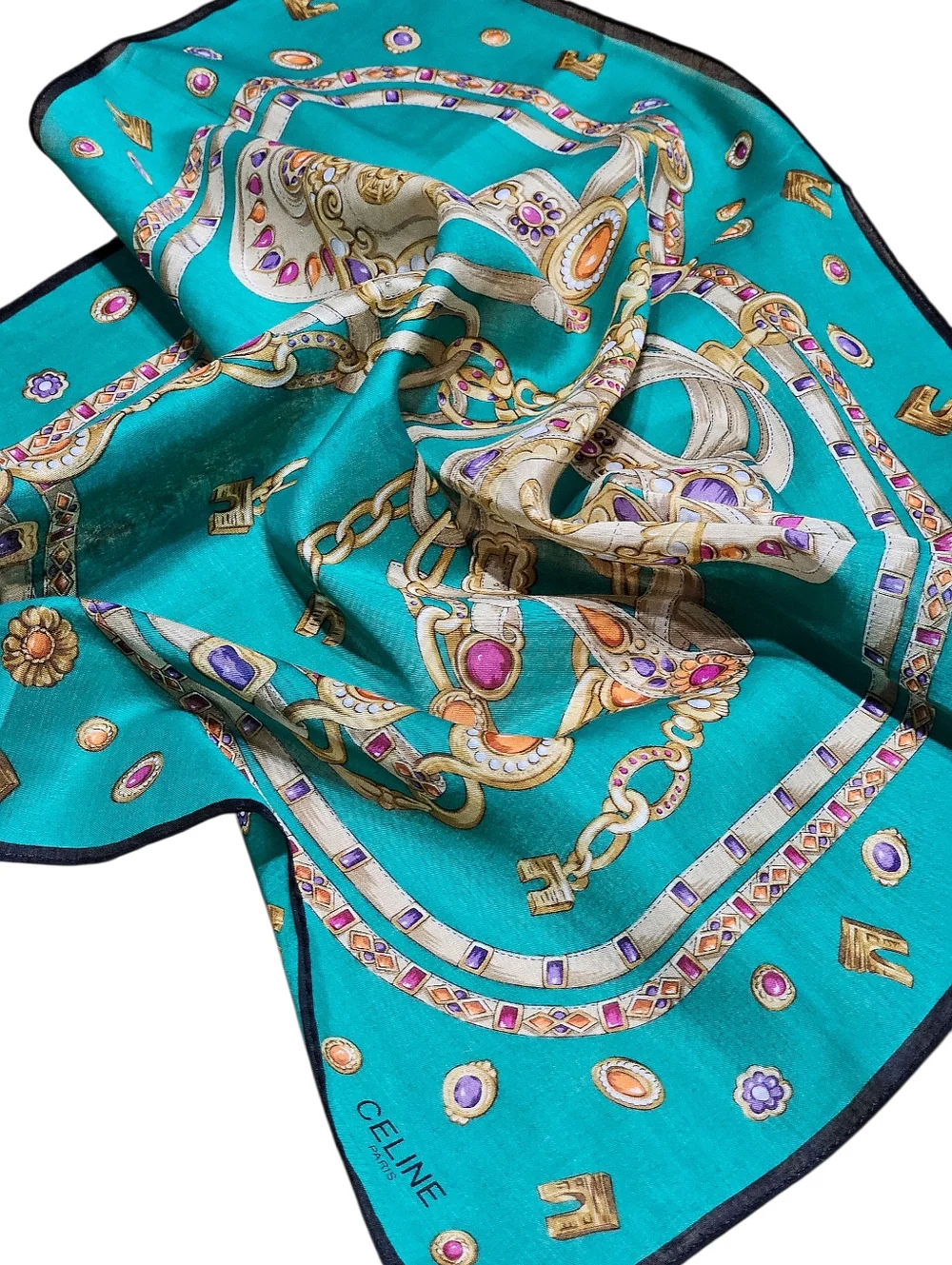 Celine Turquoise Silk Scarf with Gold and Jewel Accents